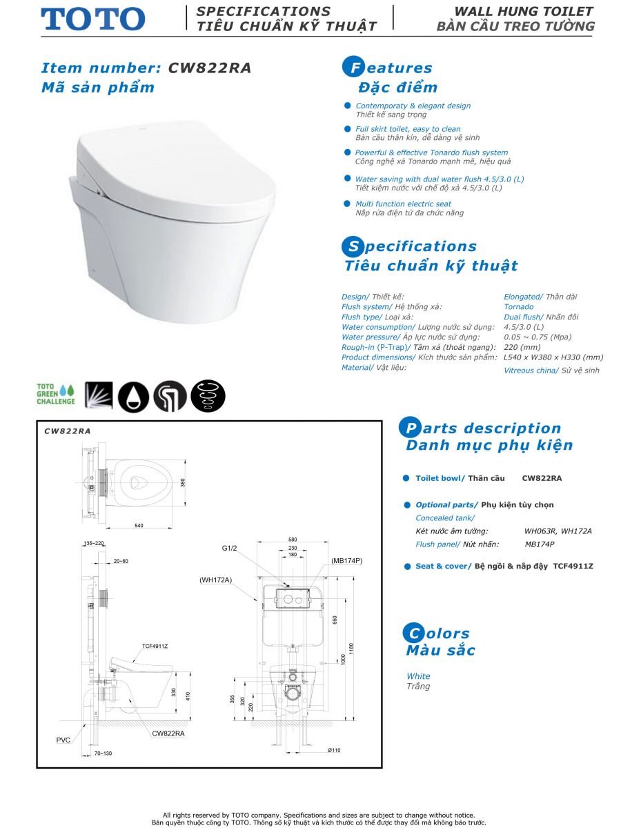 Bản vẽ kỹ thuật xí bệt treo tường TOTO CW 822 RA