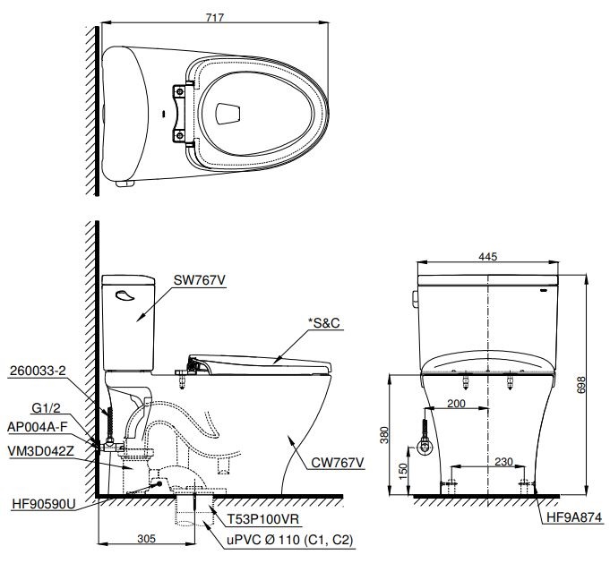 Bản vẽ bồn cầu 2 khối TOTO CS767W7