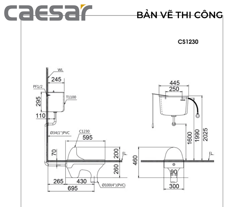 Bản vẽ kỹ thuật bàn cầu xổm CS1230-PW Caesar