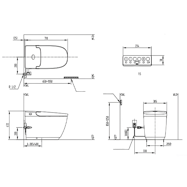 Bản vẽ kích thước bồn cầu điện tử Inax AC 816 VN