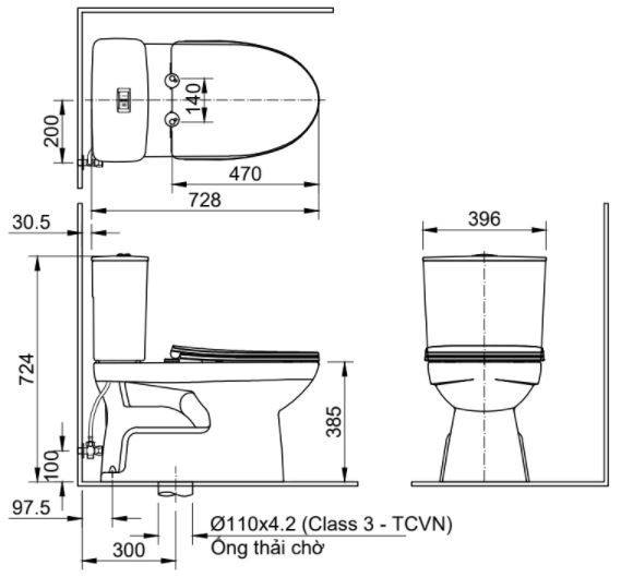 Bản vẽ kích thước bồn cầu C-514 + H17VN INAX