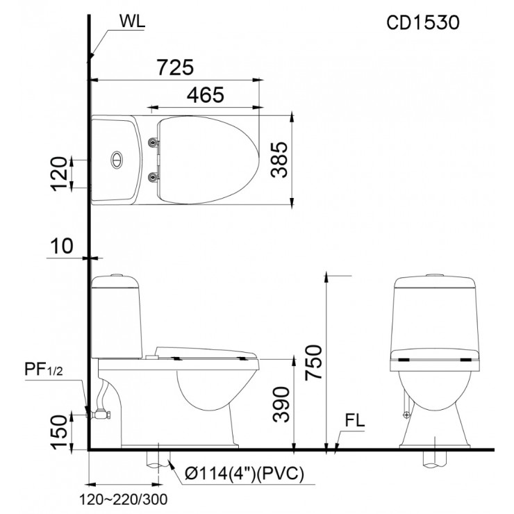 Bản vẽ kích thước bồn cầu C1530 nắp rửa TAF400H