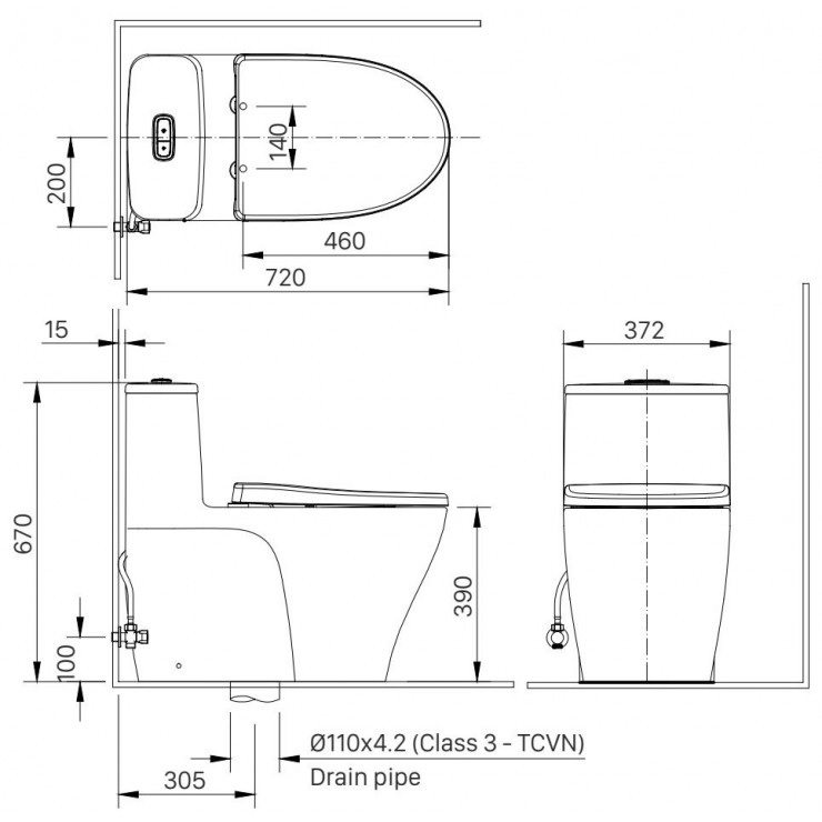 Bản vẽ kích thước bàn cầu Inax nắp rửa cơ AC-989+CW-S15VN/BW1 1 khối