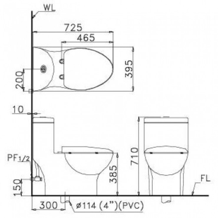 Bản vẽ kích thước bàn cầu Caesar CD1375+TAF050