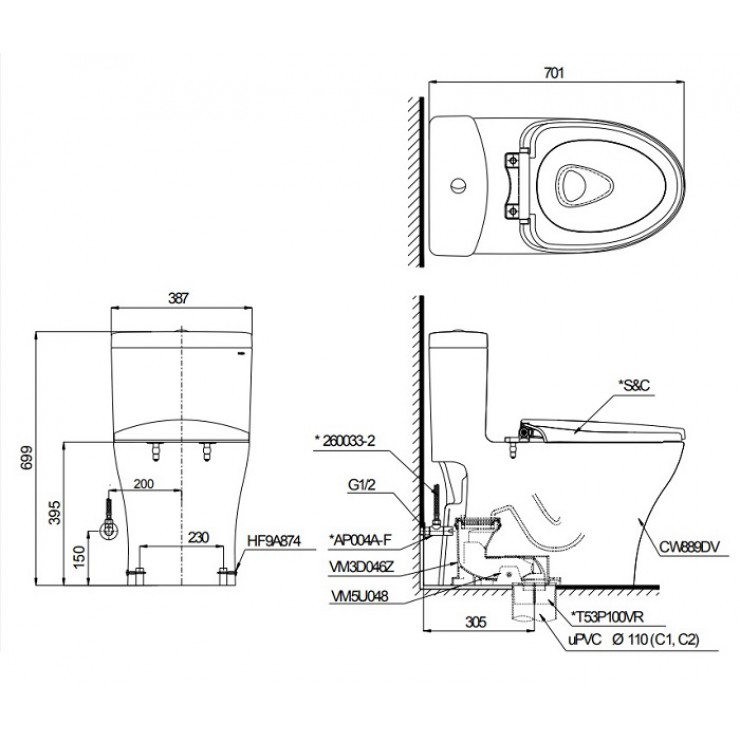 Bản vẽ kích thước bồn cầu MS889 nắp điện tử TCF4731A TOTO