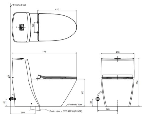 Bản vẽ kích thước bồn cầu Inax AC-919R CW-H18VN