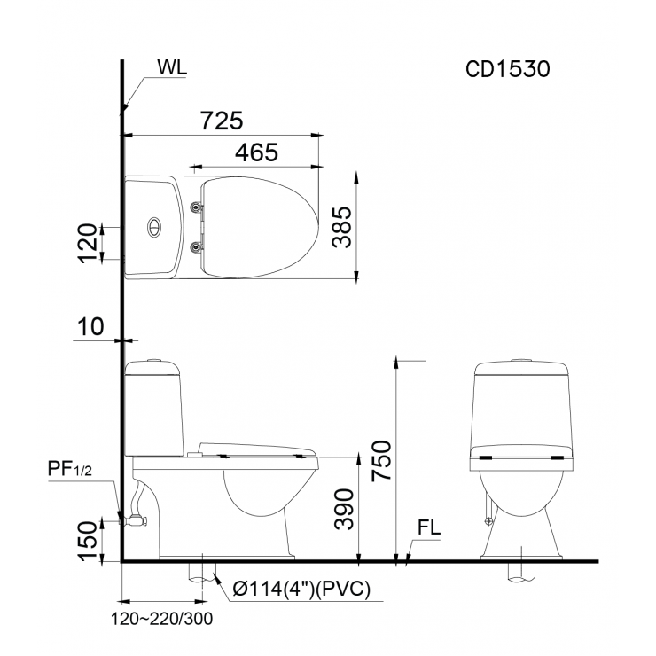 Bản vẽ kích thước bồn cầu CD1350 nắp rửa TAF050