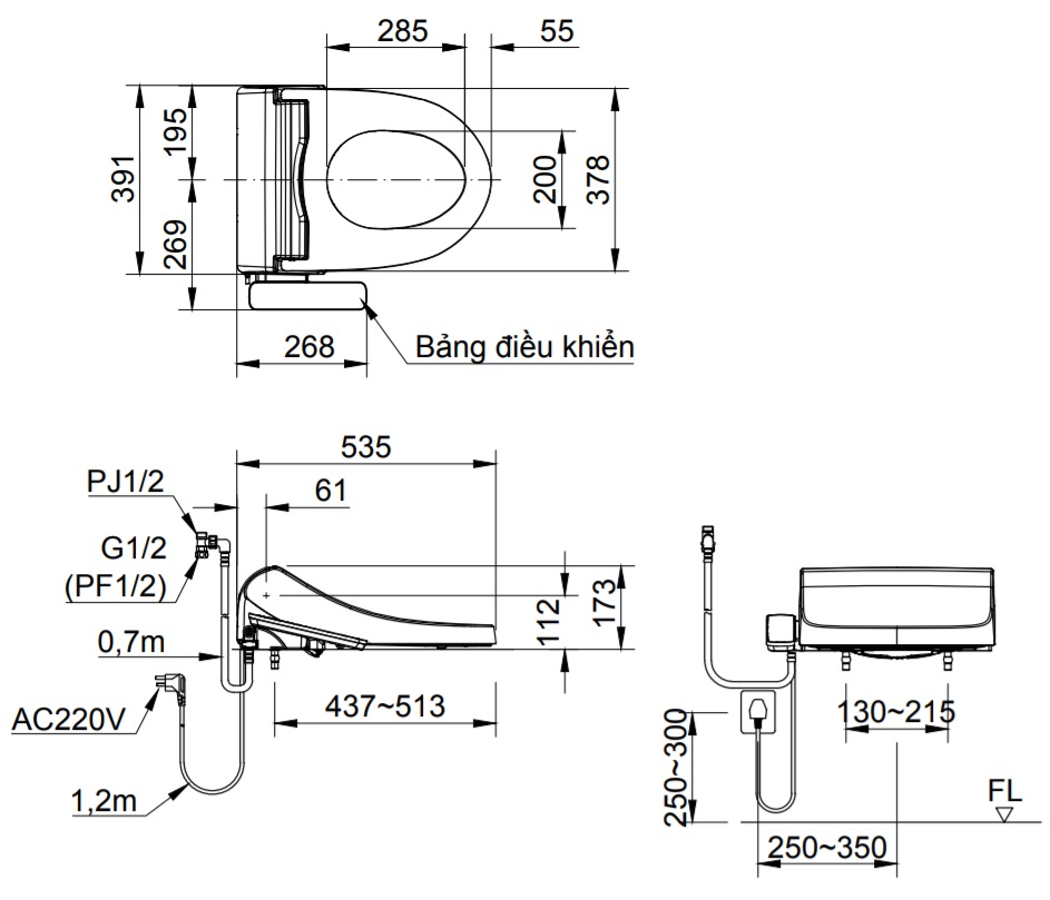 Bản vẽ kỹ thuật nắp rửa bồn cầu điện tử INAX CW-H18 VN