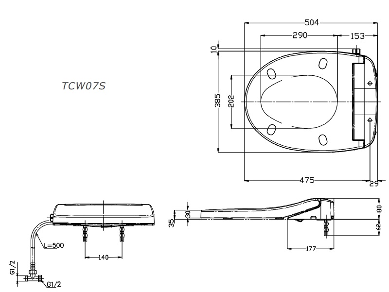 Bản vẽ nắp bồn cầu rửa cơ TCW07S TOTO