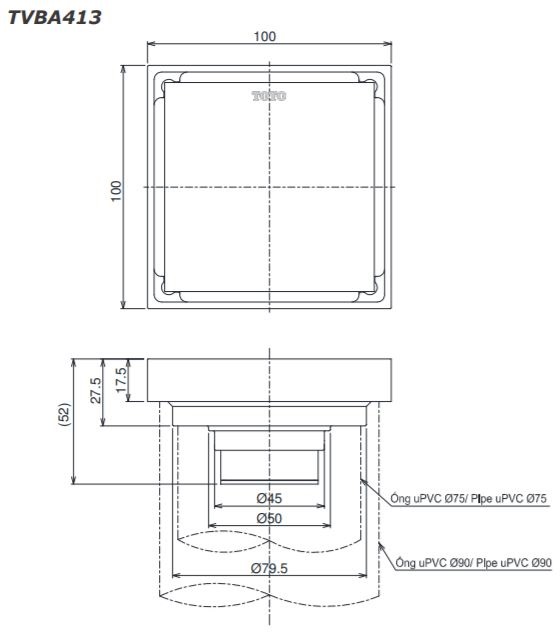 Bản vẽ kỹ thuật phểu Toto TVBA 413 mặt kín