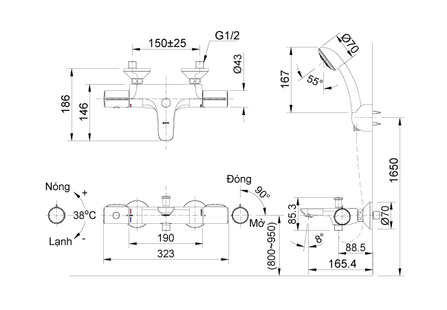 Bản vẽ kỹ thuật vòi sen INAX BFV3413T8C nhiệt độ