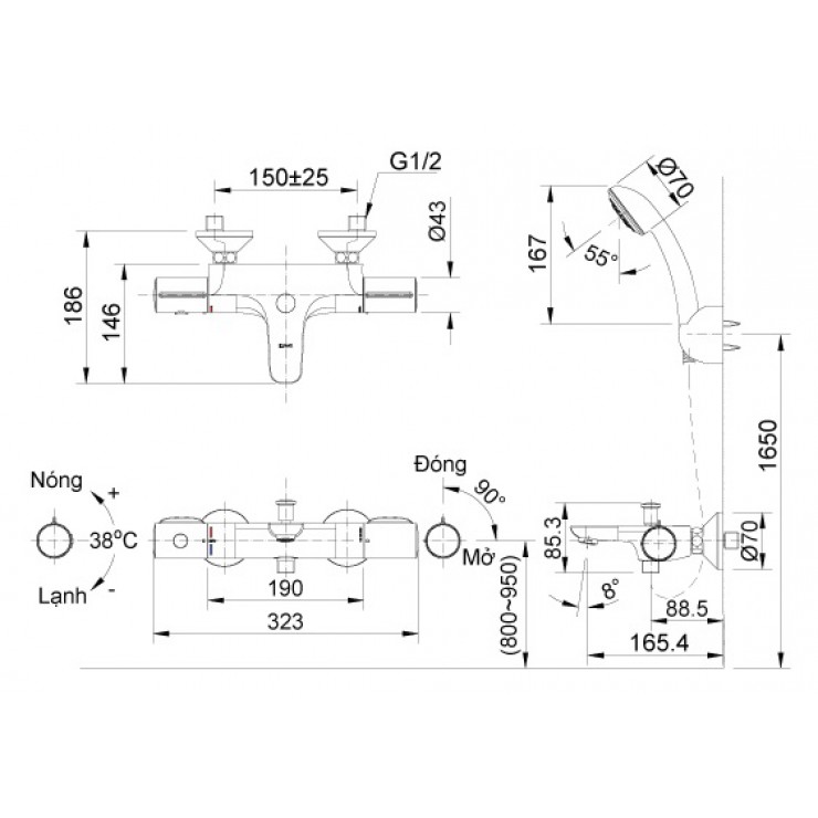 Bản vẽ vòi sen nhiệt độ INAX BFV 3413T 3C