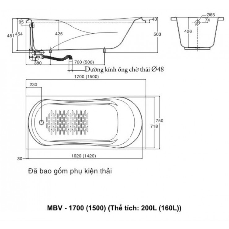 Bản vẽ kích thước bồn tắm INAX MBV-1700