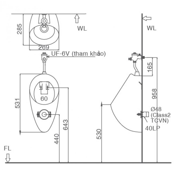 Bản vẽ bồn tiểu nam treo tường U117V INAX